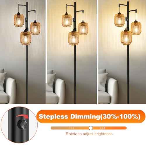 Boho Floor Lamps for Living Room, 65'' Dimmable Farmhouse Rattan Standing Lamp with LED Bulbs, 3 Light Tree Rustic Tall Lamps for Bedroom, Office, Rotary Switch