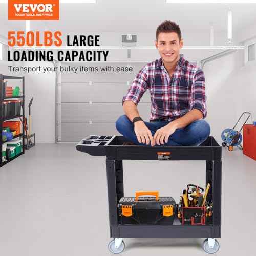 VEVOR Utility Service Cart, 2 Shelf 550LBS Heavy Duty Plastic Rolling Utility Cart, Medium Lipped Shelf, 360¡Æ Swivel Wheels, Ergonomic Storage Handle for Warehouse Garage, Black