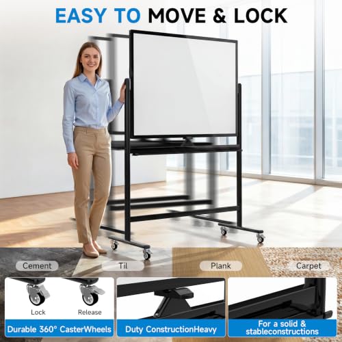 Suodun Black 48x36 Inch Double-Sided Magnetic Rolling Whiteboard