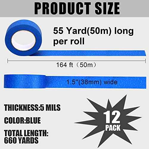 Fainne 12 Rolls Blue Painters Tape Bulk, 1.5 Inches x 55 Yards Masking Tape, Trim Edge Finishing Tape for Walls Painting Labeling Home School Decoration