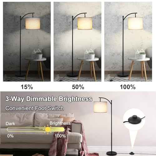 Modern Floor Lamp, 3-Ways Dimmable Standing Lamp with Linen Shade, Adjustable Height, Foot-Step Switch, Reading Lamp for Living Room, Bedroom, Office, 9W Bulb Included (Black)