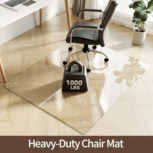 Koonmi 46x55 Clear Tempered Glass Chair Mat - 0.2" Thick, Anti-Slip Pads, Works on Hardwood & Low-Pile Carpet
