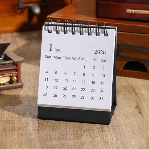 Mini Desk Calendar 2025-2026- Small Desktop Calendar Now to Dec 2026 Mini Daily Schedule Thick Paper Twin-Wire Binding with Stickers for Home Office School (Black-white)