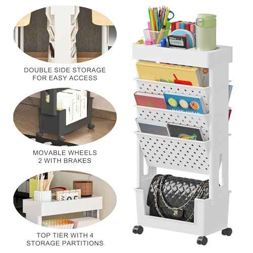 BYFU 5-Tier Movable Bookshelf Cart, Rolling File Paper Storage Organizer Mobile Bookcase with Wheels for Home Office Study Classroom, White