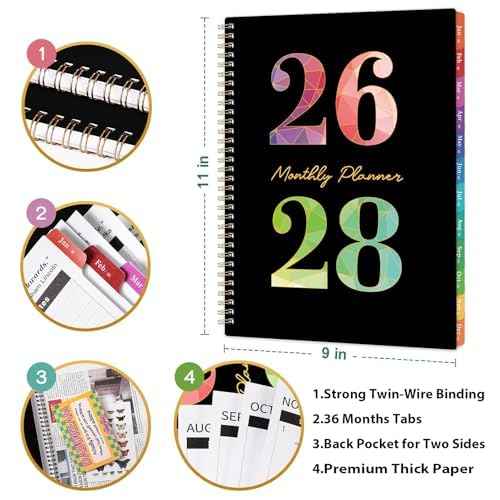 2026-2028 Monthly Planner - 3 Year Monthly Planner 2026-2028, Jan. 2026 - Dec. 2028, 36 Months Calendar with Colorful Tabs & Inner Pocket, 9" x 11"