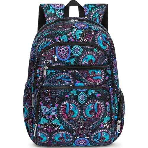 Large Backpack for Women Backpack with Lots of Pockets for Travel Work School Bookbag with Laptop Compartment for High School College Girls Mochilas Morrales para Mujer (Black/Teal, Paisley)