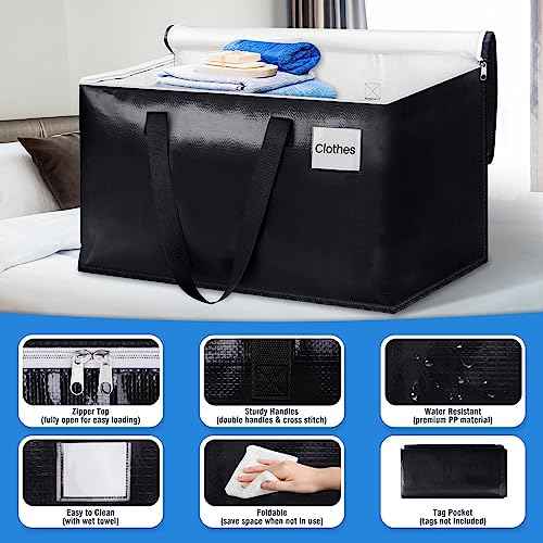 BlissTotes Moving Bags, Heavy Duty Moving Boxes with Zippers Top and Sturdy Handles, Storage Bags for Space Saving and Packing, Collapsible Moving Supplies, Storage Totes (93L, 8-Pack, Black)