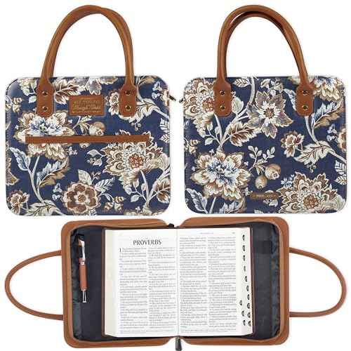 Christian Art Gifts Fashion Vegan Leather Purse Style Bible Cover Case for Women: All Things Through Christ Gold Inspirational Scripture, Pen Loops, Two Handles, Pockets, Navy & Brown Floral, XL