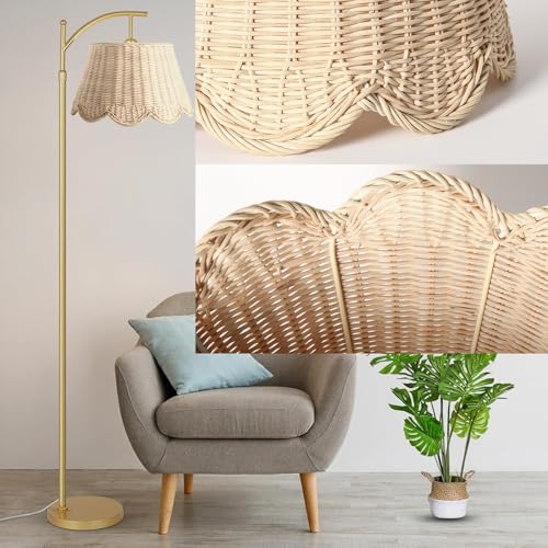 Arc Floor Lamp for Living Room£¬Rattan Boho Floor Lamp with Hand-Woven Wicker Shade, Foot Switch, Gold/Silvery Metal Base & Pole,Standing Lamp for Bedroom (Gold)