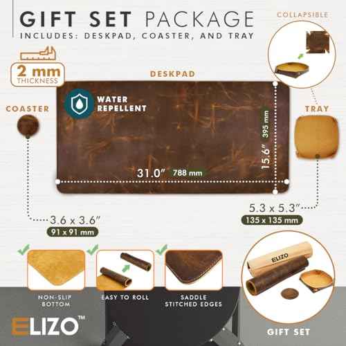 Elizo Real Leather Desk Mat Set (32x16) Large Desk Cover Desk Blotter Protector Computer Gaming Mouse Pad Table Laptop Office Desktop Accessories