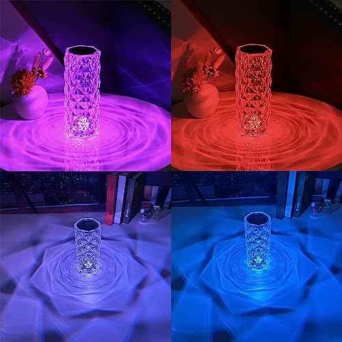 Portable Crystal Table Lamp, 16-Color Touch Control Rechargeable Night Light, Bedside Desk Lamp for Bedroom, Living Room, Kitchen & Dining Room (16-Color Rose)
