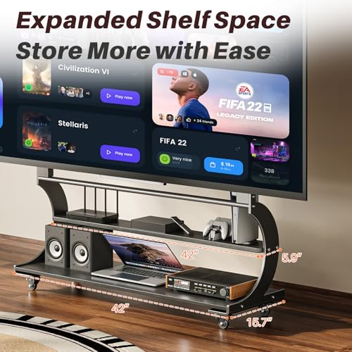 Sythdio Matte Black Rolling TV Stand for 50-100 In TVs with 2-Tier Shelves