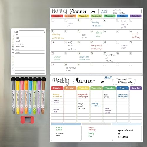 Hivillexun White 3-Pack Magnetic Dry Erase Calendar Set for Fridge & Wall, Includes Markers & Eraser