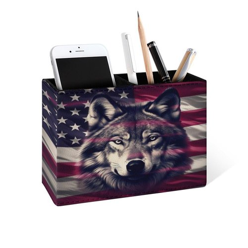 Buyidec Pen Holder Pencil Holder for Desk Wolf American Flag PU Leather Pens Pencils Holder Cup Desktop Desk Pencil Pen Organizer Makeup Brush Holder for Office School Home