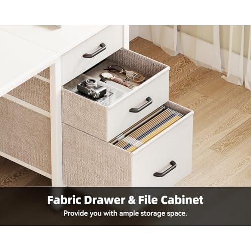 Casaottima 40 Inch Small Home Office Computer Desk for Bedroom with Fabric Drawers & File Cabinet, Cloth Storage Bag and Hook, Writing Study Work Desk for Small Space, Snow White
