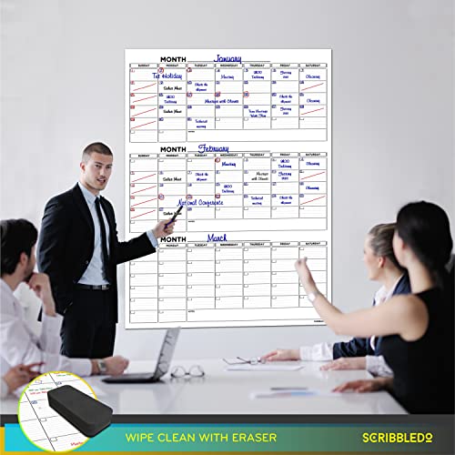 Large 36"x48" Quarterly White Board Calendar Dry Erase Calendar for Wall 3 Month Big Dry Erase Wall Calendar Monthly Dry Erase Board Planner Includes 6 Markers Eraser Push Pins & Mounting Tape