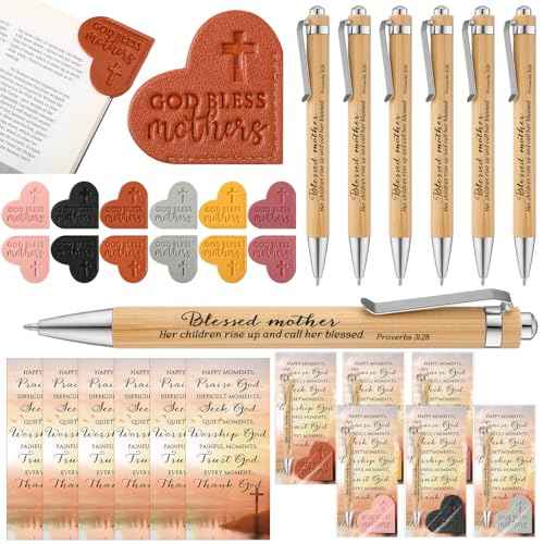 Remuuly Mothers Day Christian Gifts Bulk for Mom God Bless Mothers Leather Heart Bookmarks Bible Verse Bamboo Scripture Pen with Motivational Inspirational Card for Church Activities(60 Set)