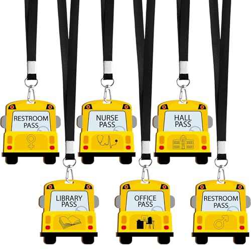6 Sets School Bus Shape Hall Pass Lanyards and School Passes Set Back to School Bus Wooden Restroom Passes Cards for Hall Nurse Library Office Counselor Teacher Student Supplies Gift