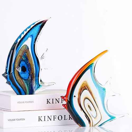 XMGZQ Hand Blown Orange Glass Fish Figurines for Home Decor Accent,Sea Glass Art Paperweights,Tropical Fish Collectables Ornaments,Sea Animal Sculptures for Coastal Beach Room Decor,Coffee Table
