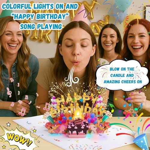 Lupow 3D Pop Up Musical Birthday Cards with Lights & Blowable LED Light Candle ? Interactive Singing Happy Postcards Birthday Decorations Greeting Cards Birthday Cards for Women, Men, Mom, Wife, Husband, Boy, Girl