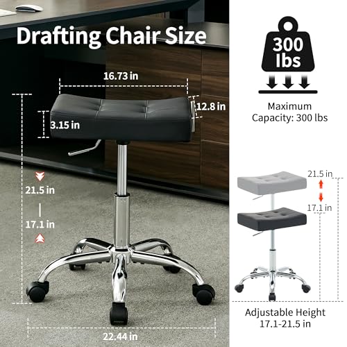 Office Stool with Wheels (300lbs Capacity) (Adjustable Height 17-21 inch) Black Faux Leather Workbench Stool (Black)