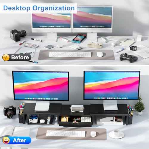 gianotter Dual Monitor Stand Riser, Desk Organizer With Drawer and 2 Pen Holders, Computer Monitor Stand, Shelf for Top of Desk, Black