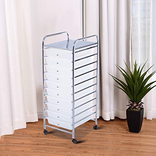 Giantex 10 Drawer Storage Cart Rolling Cart File Scrapbook Paper Mobile Organizer for School Office (Clear)