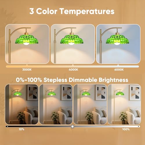 Dimmable Glass Floor Lamp, Mid Century Standing Lamp with Green Glass Shape, Modern Tall Lamp with Remote, Standing Floor Lamps for Living Room, 12W LED Bulb Included