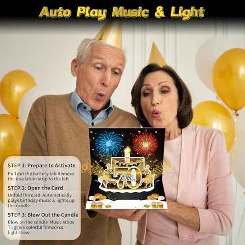 70th Birthday Cards Pop Up 3D Cake - Firework & Music & Blow Out Candle Light Funny Happy 70 Black Gold Birthday Card Gifts for Men, Women, Friends, Boyfriend, Dad, Mom, Husband, Wife