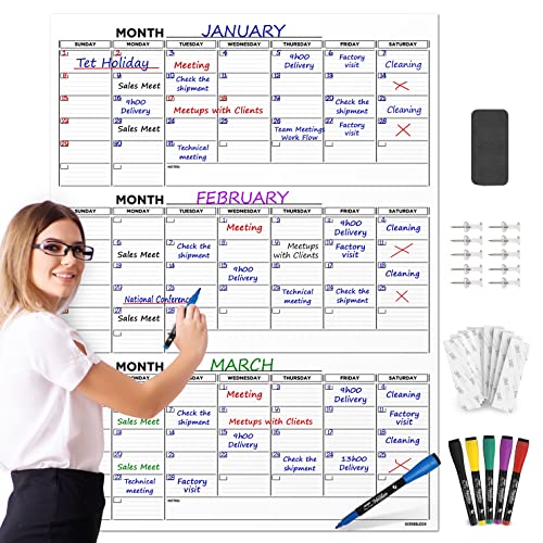 Large 36"x48" Quarterly White Board Calendar Dry Erase Calendar for Wall 3 Month Big Dry Erase Wall Calendar Monthly Dry Erase Board Planner Includes 6 Markers Eraser Push Pins & Mounting Tape