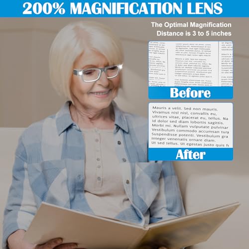 HQGZQL Black 200% Magnifying Glasses with Light - USB Rechargeable LED Reading Glasses