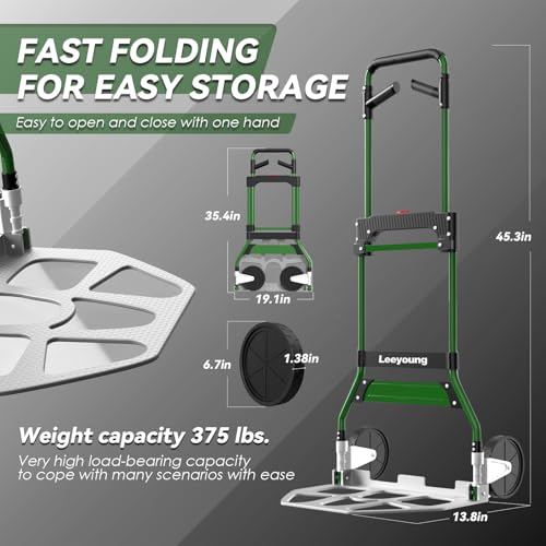 LEEYOUNG Upgraded Folding Hand Truck Dolly Cart Heavy-Duty 375lb£¬Aluminum Wheel Bracket & Portable Aluminum Dolly Cart, Indoor/Outdoor Use
