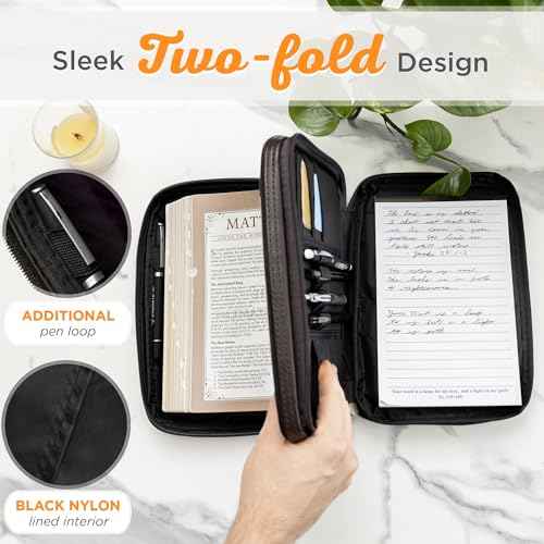 Christian Art Gifts Faux Leather Bible Cover for Men and Women | Ichthus Jesus Fish Emblem Zippered Two-Fold Organizer Case for Bible or Book w/Handle