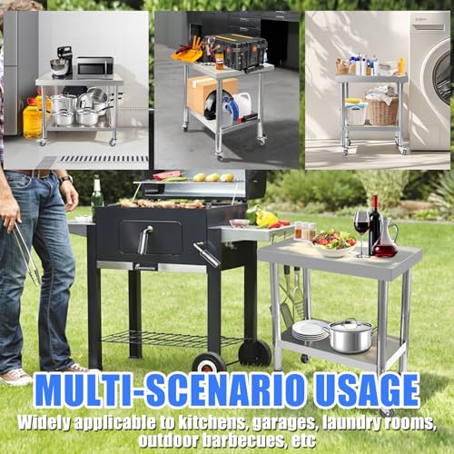 Stainless Steel 30 x 18 x 34 In. Mobile Work Table with 4 Wheels – Adjustable 2-Tier Heavy Duty Prep Station (Srehloe)
