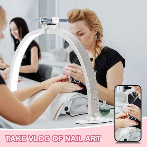 Upgraded Half Moon Light with Phone Holder, 23in Foldable Half Moon Light for Nail Desk, Nail Table Lamp with Stepless Dimming & Color Temperature (Small-23In)