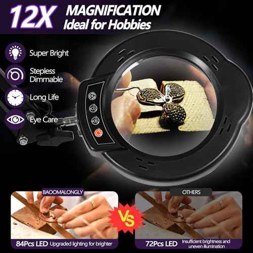 12X Magnifying Glass with Light and Stand, 5 Color Modes 10 Stepless Dimmable, Real Glass 84 LED Lighted Magnifying Glass with Swing Arm, Magnifying Lamp for Crafts Reading Painting Sewing Close Work