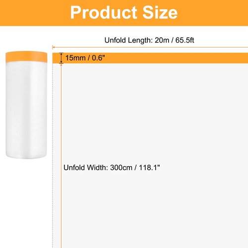 HARFINGTON 12 Rolls Pre-Taped Masking Film 118.1" x65.6ft Tape and Drape Painters Plastic Drop Cloth Film with Tape Plastic Sheeting for Automotive Painting Covering