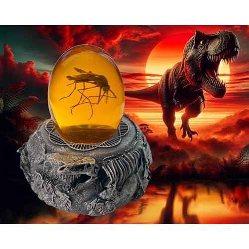 VEOJEIN Mosquito in Amber and Jurassic Base | Dinosaur Fossil Decor and Collectable Gift | Skeletin Figurines | Dinosaur DNA Replica Prehistoric World Prop | Paper Weight