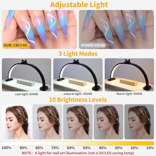 CGBE Half Moon Light for Nail Desk: Extra Large 30.7" Nail Desk Light with Phone Holder - 3 Color Modes & 10 Brightness for Nails, Beauty, Eyelashes, Tattoos - Black