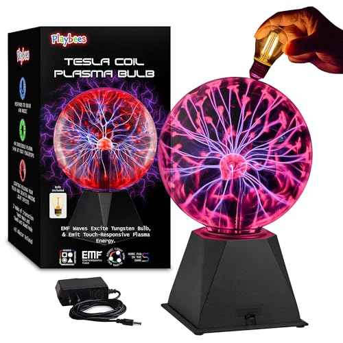 Red Plasma Ball - 7 Inch - Tesla Coil Bulb Static Electricity in a Vacuum Pressurized Glass Globe, Nebula Thunder Lightning, Plug-in - for Parties, Decorations, Prop, STEM