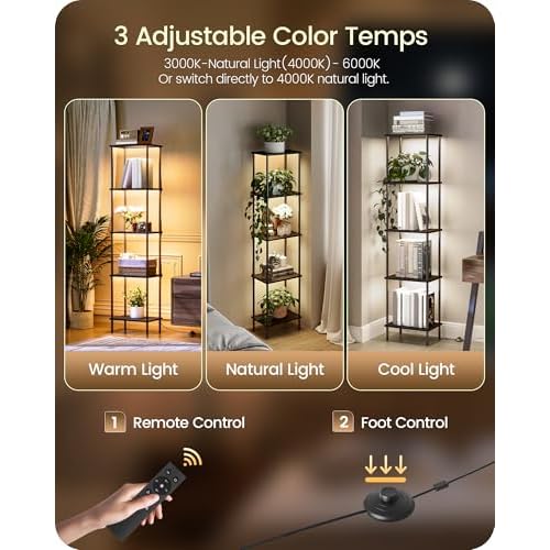 Display Shelf with Light, 5-Tier Shelf Lamp, Corner Floor Lamp with Shelves, Dimmable LED Floor Lamp for Living Room with Remote and Foot Control, 3CCT, Timer, Standing Lamp, Corner Bookshelf B52LD05