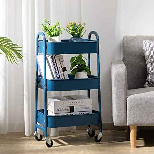 AGTEK Makeup Cart, Movable Rolling Organizer Cart, 3 Tier Metal Utility Cart,Navy Blue