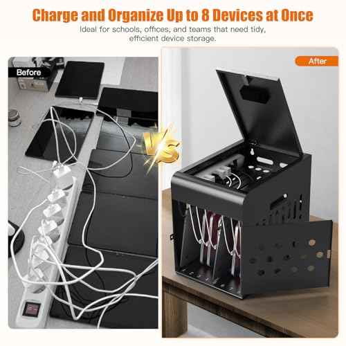 8 Tablet Charging Station Lock Box - Fits 14" Screen, Steel Case & Lockable Door,2 Keys Included - for Chromebook,ipads,Laptop and Tablets - Ideal for Offices, Classrooms and Hospitals(Black)