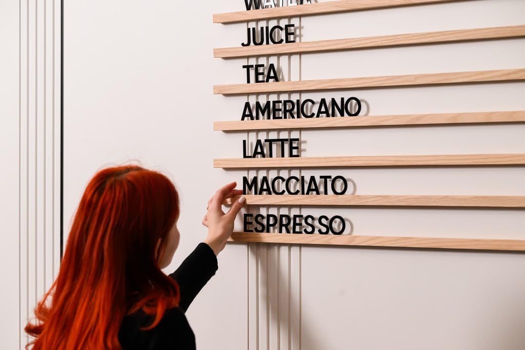 Inko Horeca Wooden Wall Menu Board - 10 Oiled Oak Rails + 400 Black Letters - Changeable Letter Shelf Display for Cafe, Restaurant & Home Decor
