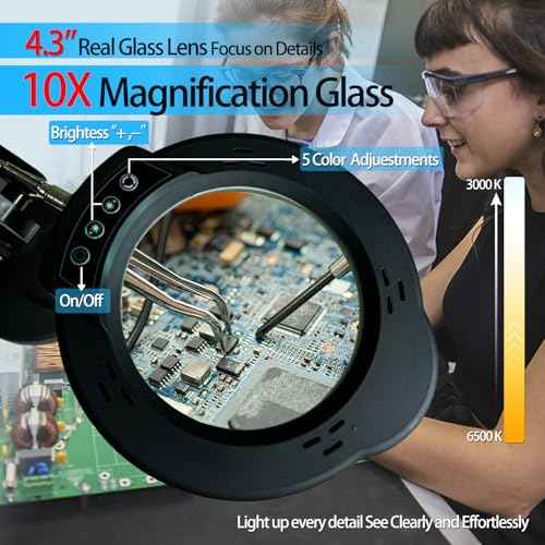 Magnifying Glasses Used by The Elderly,10X Large Magnifying Glass with Base and Clamp,Portable Folding Mechanical Knob,2025 Upgrade Infinite Color Magnifying Lamp & Clamp,for Close Work