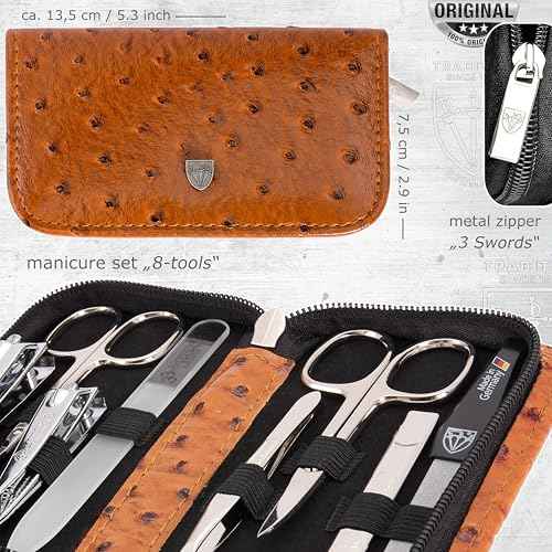 3 Swords Germany - brand quality 8 piece manicure pedicure grooming kit set synthetic leather case ostrich cognac - Made in Germany