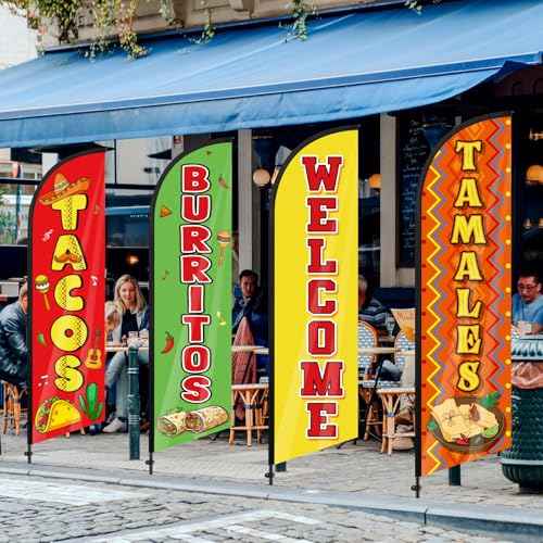 4 Pcs Mexican Food Tacos Feather Flag 7. 9 ft x 23. 6 Inch Mexican Restaurants Advertising Banner Sign for Burritos Tamales and Welcome Advertising Flags Businesses Markets Outside