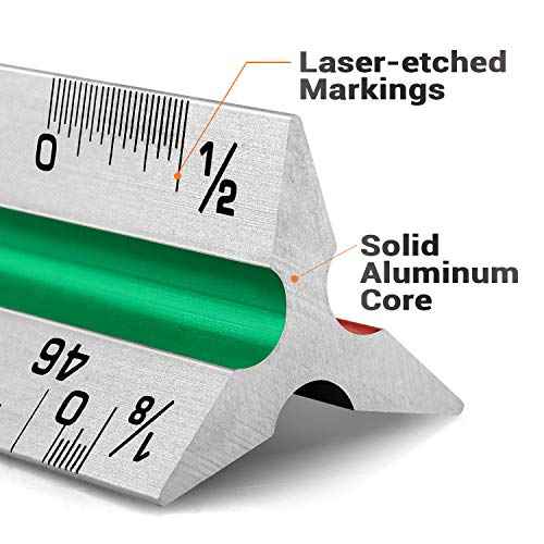 12" Architectural Scale Ruler Aluminum Architect Scale Triangular Scale Ruler for Architects, Draftsman, Students and Engineers, Color-Coded (1 Pack)