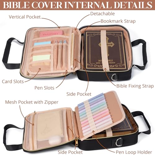 Bible Cover Case for Women, Large Bible Bag w/Shoulder Strap, Bible Study Supplies Journaling Kit Pink Book Carrying Case with Pastel Highlighters Tabs, Christmas Christian Gifts for Women Mom Friends
