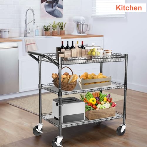 BolDuck Heavy Duty Utility Cart 990Lbs Capacity 3-Tier Kitchen/Serving Cart with Wheels, Black